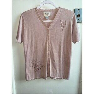Vintage Jenny Pink Short Sleeve Cardigan L Embroidered Floral Cottagecore Y2K